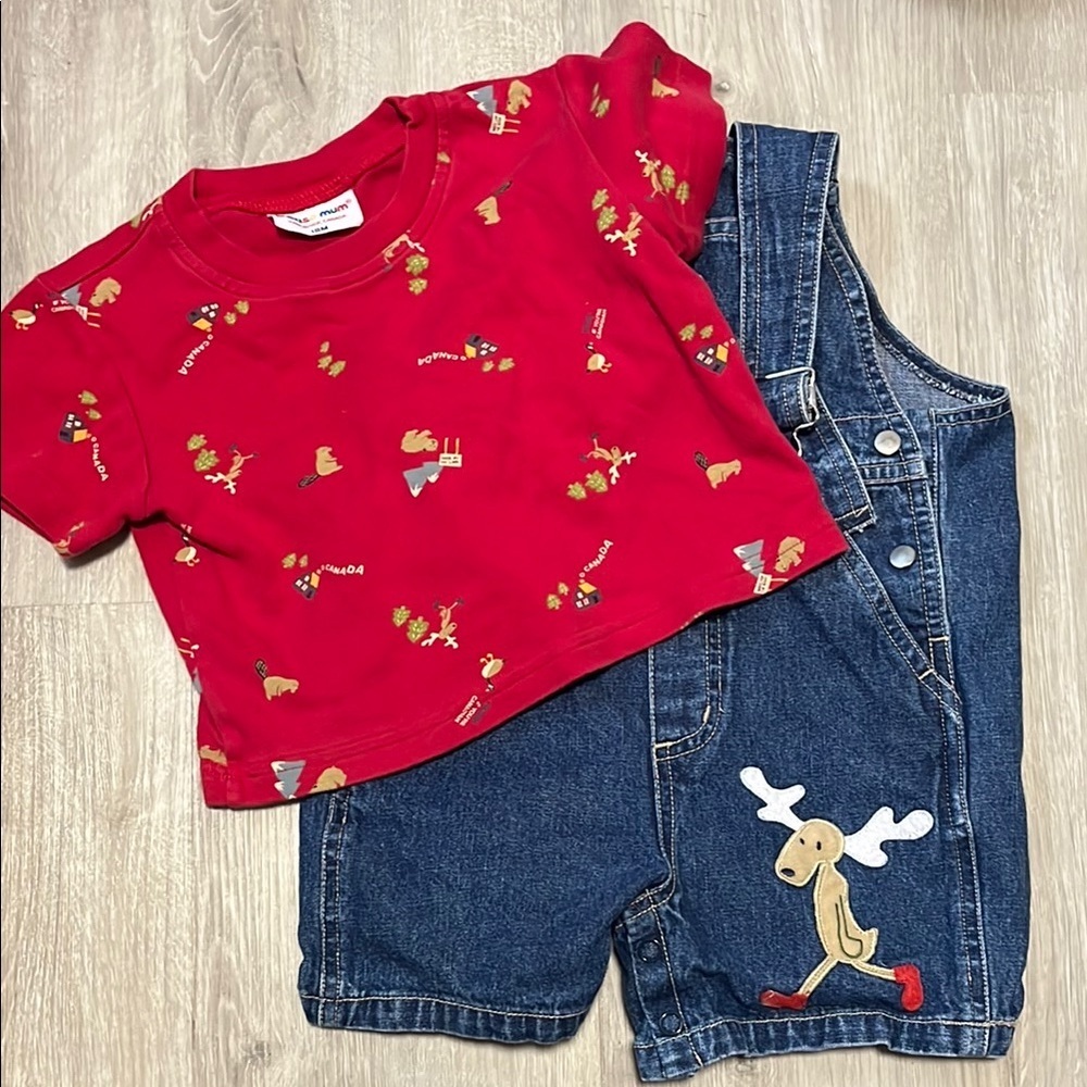 Red Graphic Tee and Denim Overalls Set